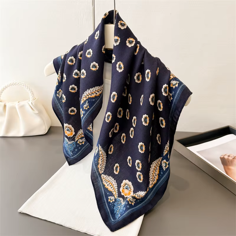 Écharpe carrée élégante en coton et lin à chevrons, châle effet soie, foulard style velours, étole d