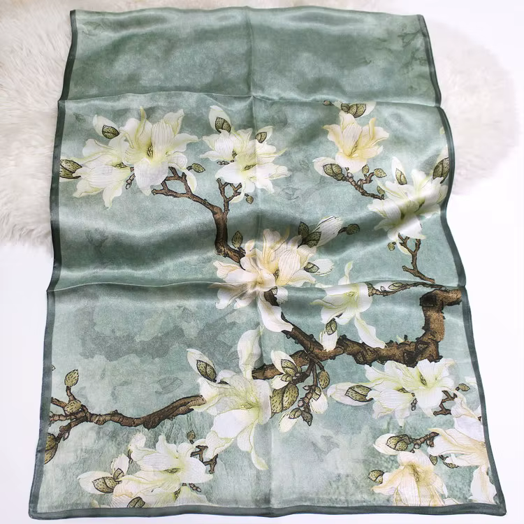 Foulard de luxe en soie Georgette 100% naturelle pour femmes, châles et enveloppes en fleurs d'amand