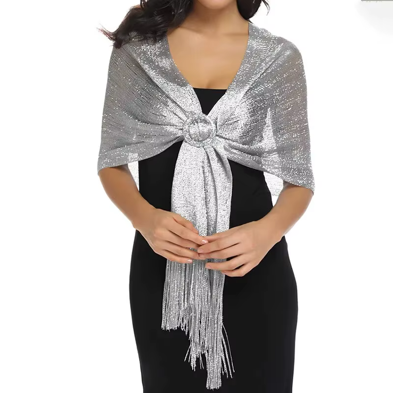Fil d'or Gland Écharpe Châle Pour Les Femmes De Luxe Paillettes Argent Foulards Dames À La Mode Simp