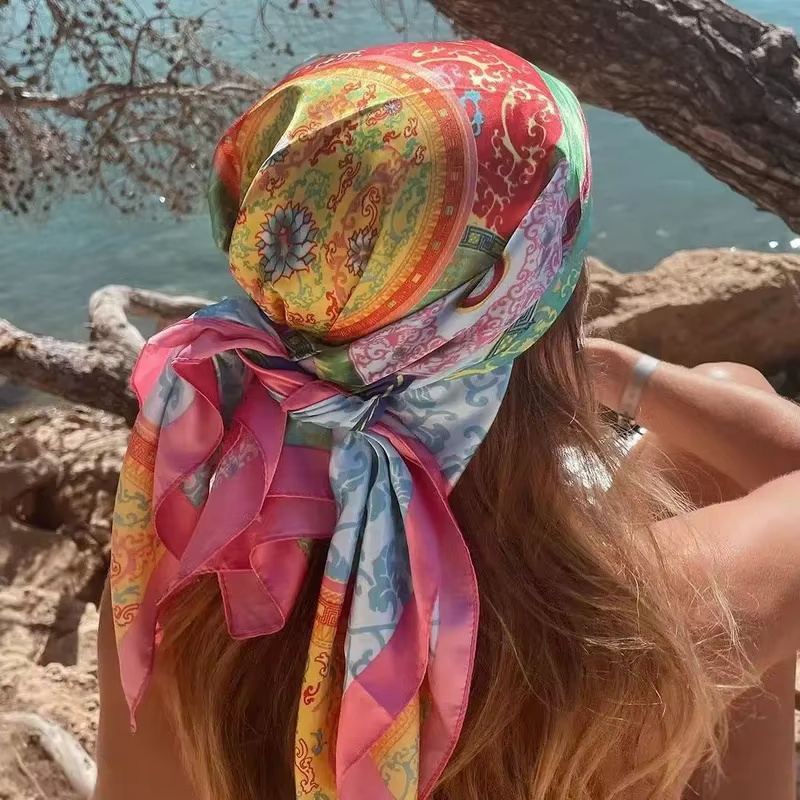 Foulard carré en soie pour femmes, marque de luxe, imprimé en Satin, Hijab, paréo, Bandana, châle, b