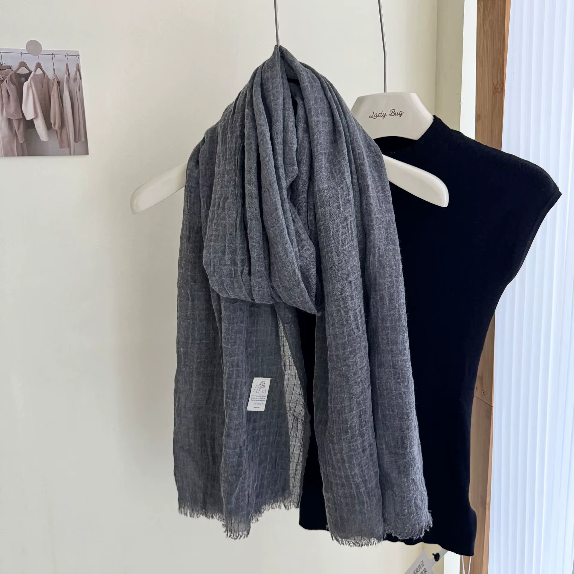 Écharpe longue plissée en coton et lin pour femme, châle en fil de coton, châle monochrome fin, gauf