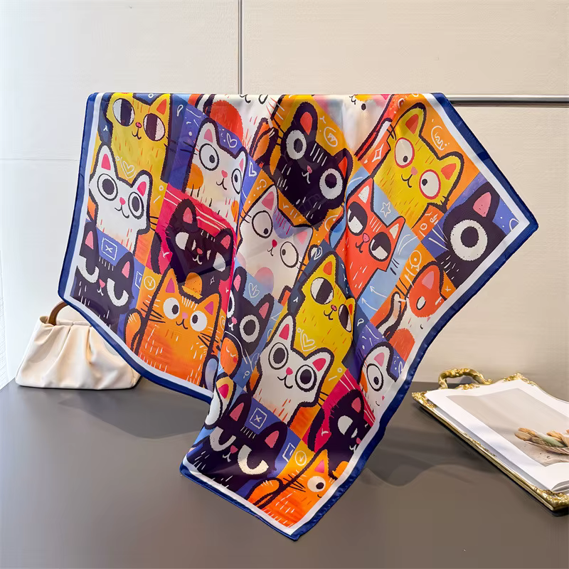 Écharpe carrée de luxe pour femme, élégante, douce, en soie, imprimé chat de dessin animé, foulard,
