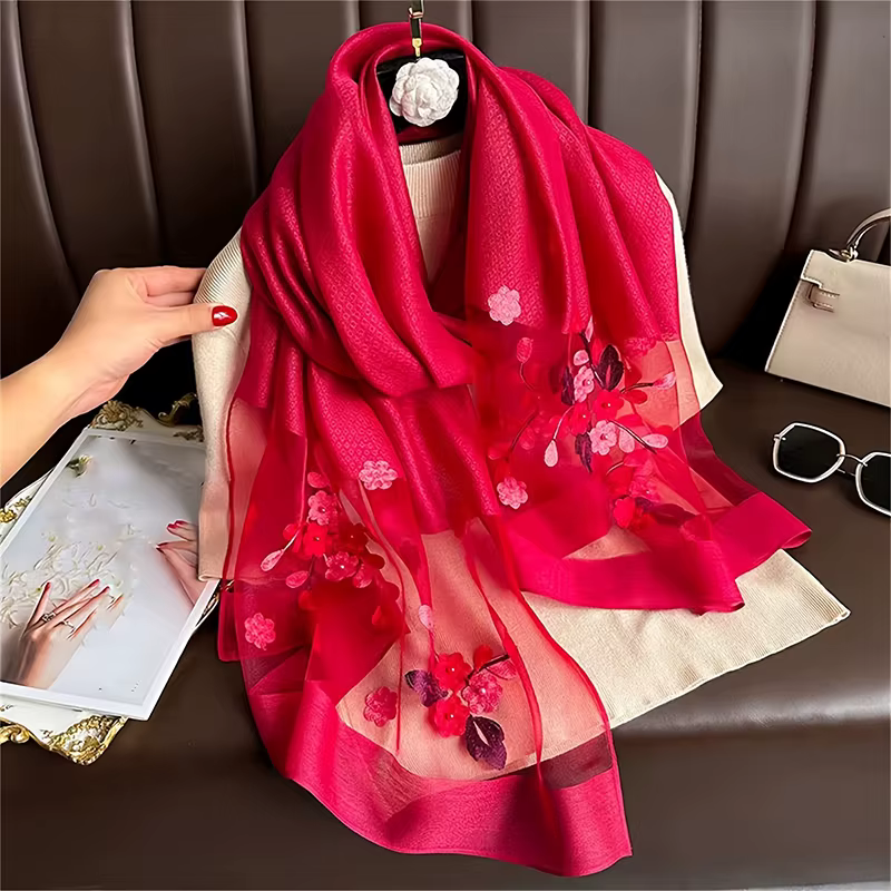 Écharpe en laine brodée florale pour femme, Hijab féminin, Foulard, Pashmina fin, Châles, Wraps, Buf