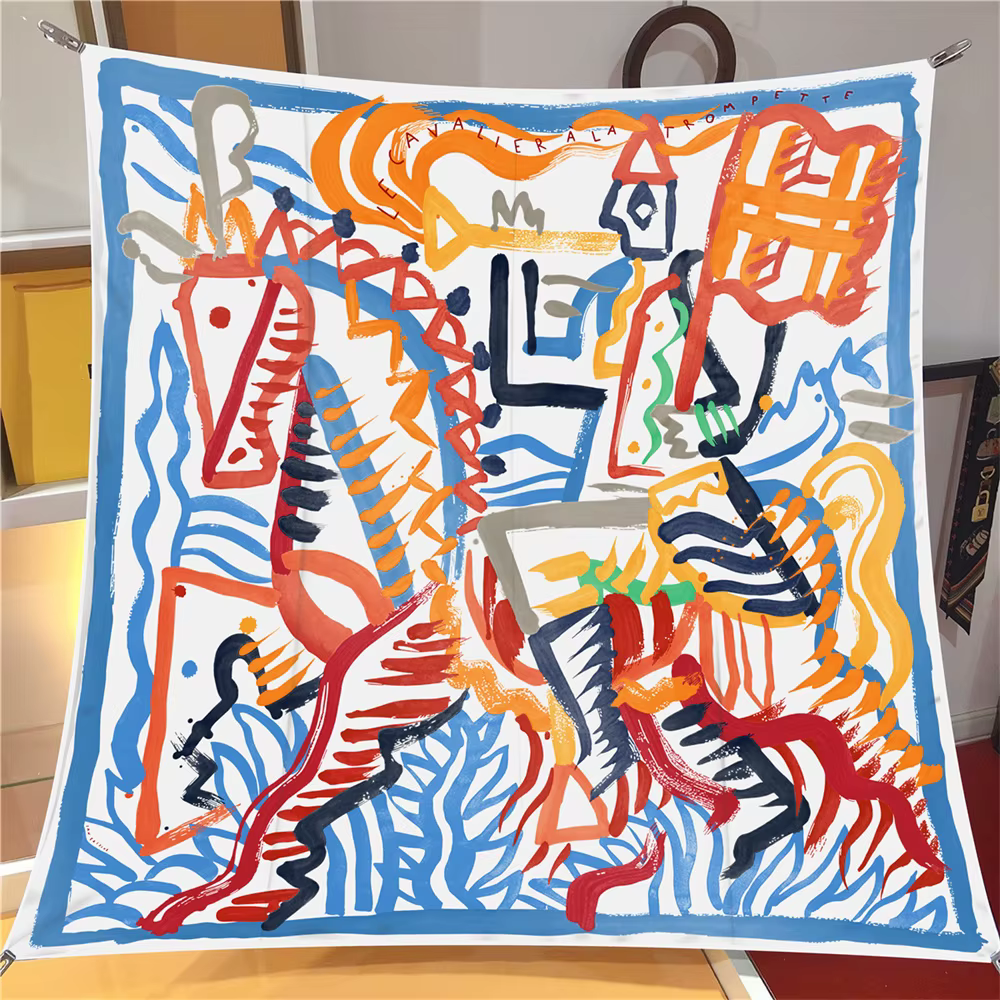 Foulard en soie femmes Graffi cheval imprimé foulards carrés tête Echarpes Foulards en soie Femme en