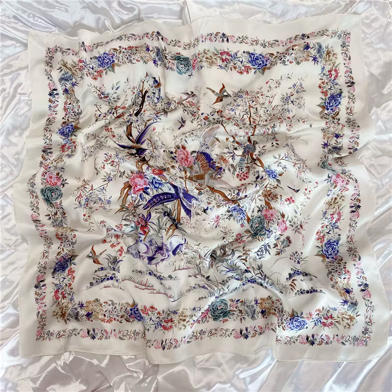 1 pièce Foulard carré en soie imprimé feuilles de 70 cm pour femme, en soie synthétique, frais et po