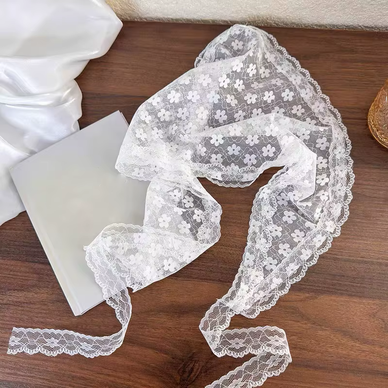 Foulard en dentelle florale tissée blanche pour femmes, enveloppe rétro Triangle, chapeau, bandeau P