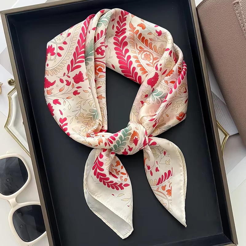 InjSquare-Foulard de Luxe en Satin Doux à Imprimé Floral pour Femme, Bandeau de Tête, Hijab, Sauna,