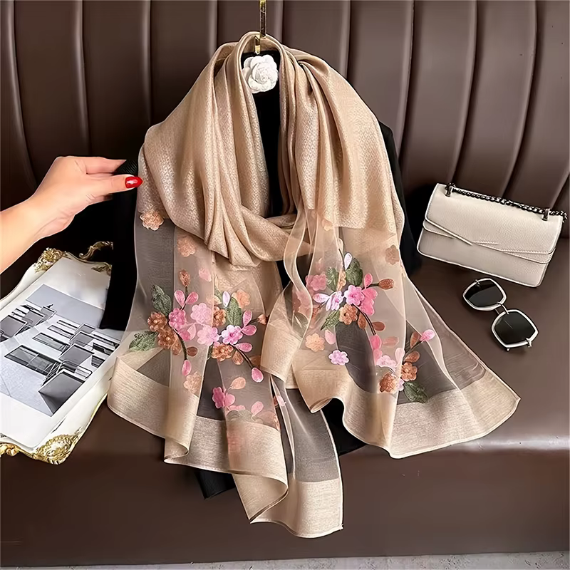 Écharpe en laine brodée florale pour femme, Hijab féminin, Foulard, Pashmina fin, Châles, Wraps, Buf