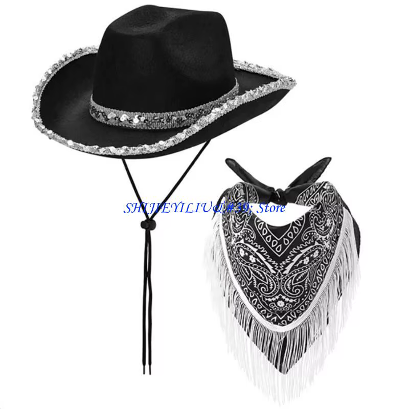 E21F – écharpe à bord pailleté, chapeau cow-girl, Bandana pour Festival musique, écharpe à franges a