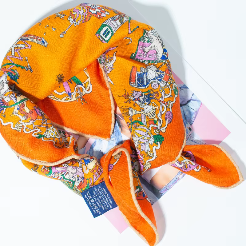 Écharpe carrée en soie et laine, esthétique vintage, 65*65cm, orange chaud, imprimée, pour femme