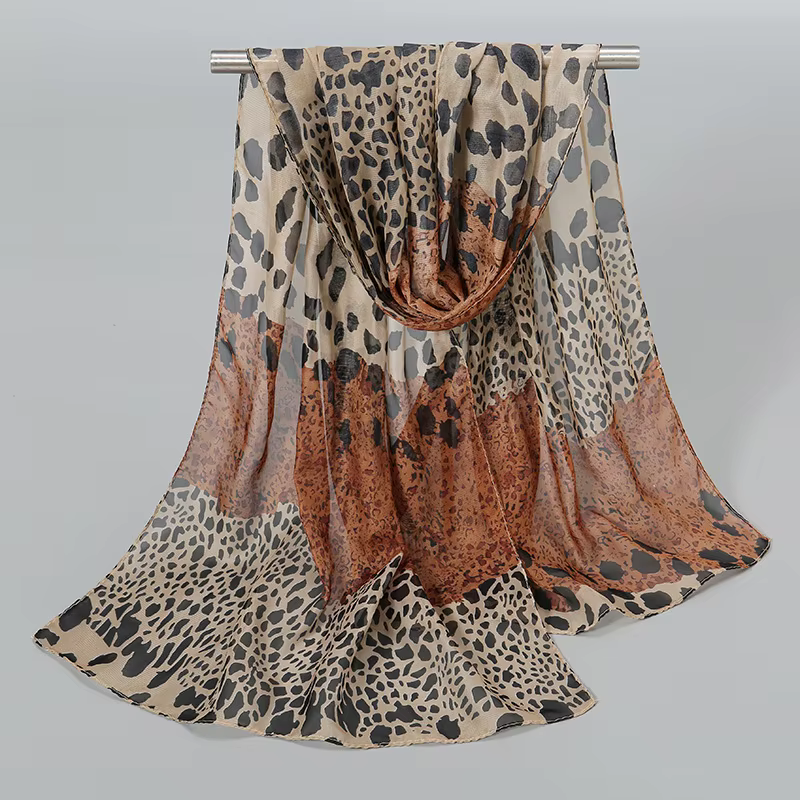 Écharpe Hijab en Mousseline de Soie Imprimé Léopard pour Femme, Bandana de Plage, Voile Musulman d'É