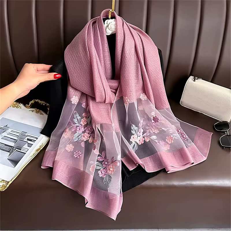 Écharpe en laine brodée florale pour femme, Hijab féminin, Foulard, Pashmina fin, Châles, Wraps, Buf