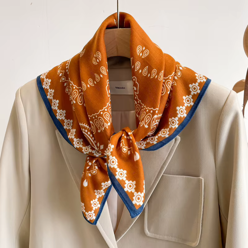 Foulard de tête Paisley Orange 70x70cm, écharpe carrée en coton et lin pour femmes, Bandana léger po