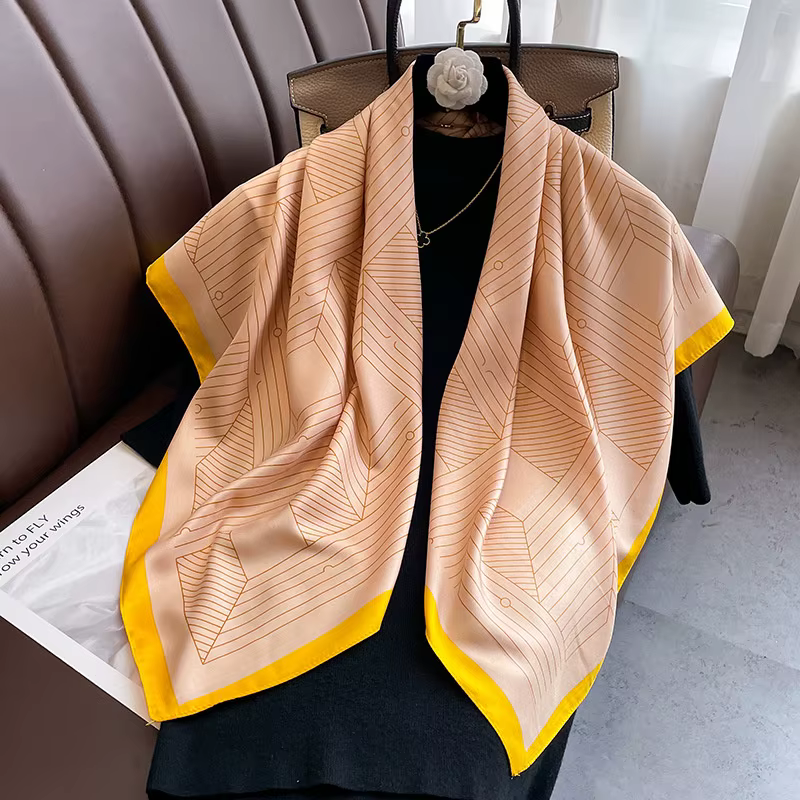 Foulard Carré de Marque de Luxe pour Femme, Design, Châle Rond 90cm, Imprimé Twill, Hijab, Bandeau d