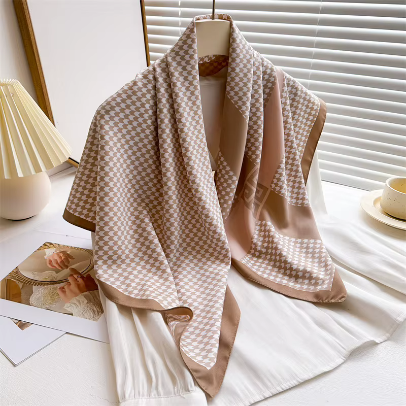 Écharpe carrée de luxe à motif pied-de-poule 90*90cm pour femmes, châle doux pour le cou, foulard él
