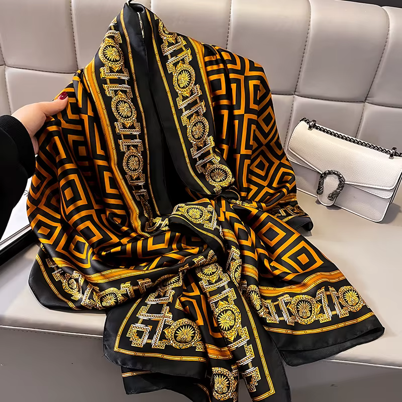 Grand châle en satin imprimé pour femme, écharpe de marque de luxe, bandeau de sauna, hijab, turban,
