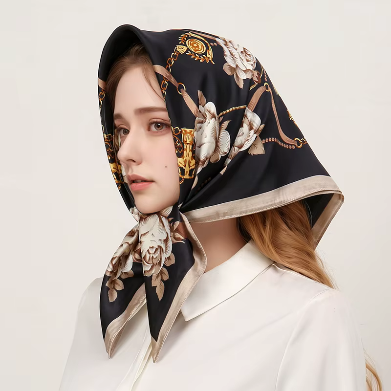 Foulard en soie pour femmes, imprimé Floral, carré, châle musulman, Hijab, bureau, pour dames, Banda