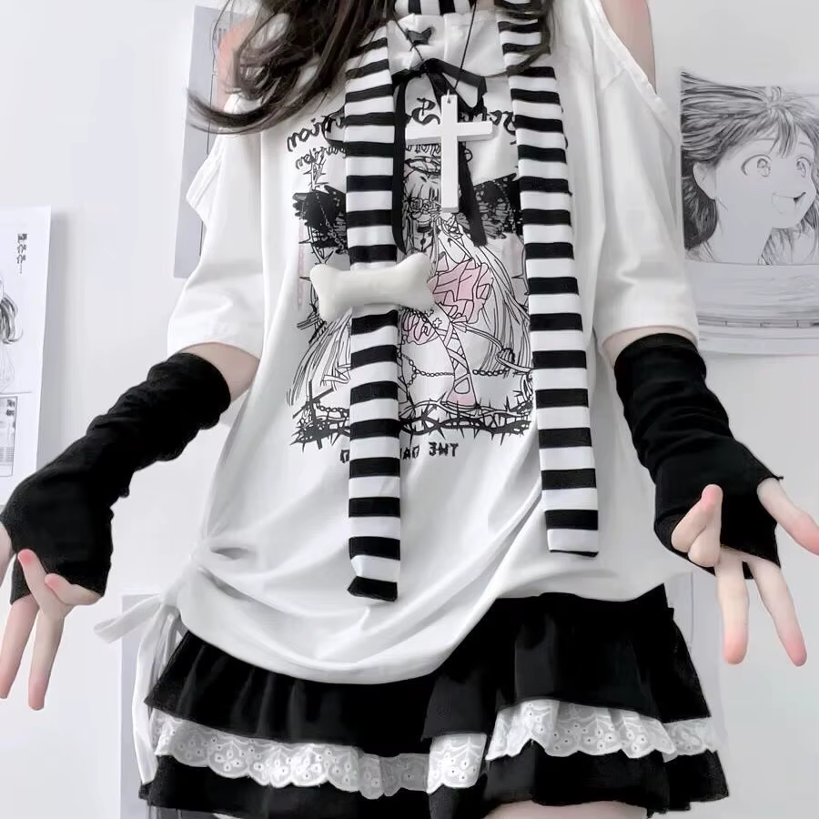 Écharpes rayées noires et blanches style Harajuku Y2K avec décorations en os, écharpe mignonne et te