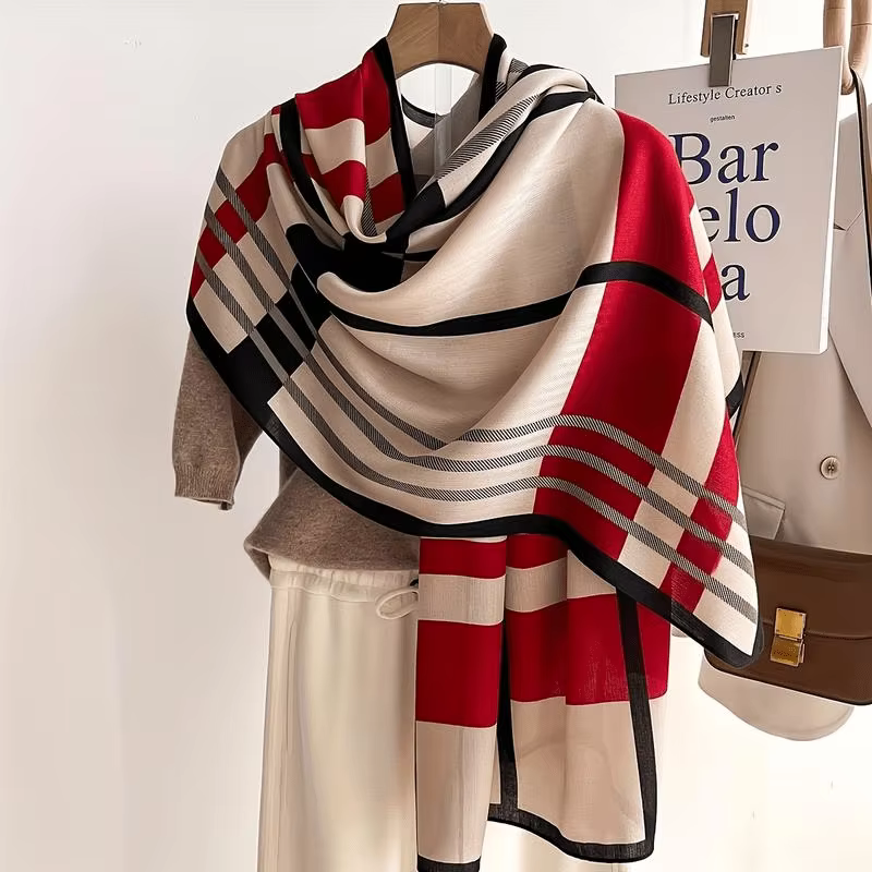 [Sciarpa douce] écharpe rayée bloc de couleur chaude douce 1 pièce châle châle décontracté pour femm