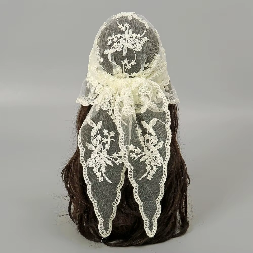 Nouveau Foulard Élégant Brodé de Fleurs, Style Français Transparent, Foulard de Tête en Crochet, Pet