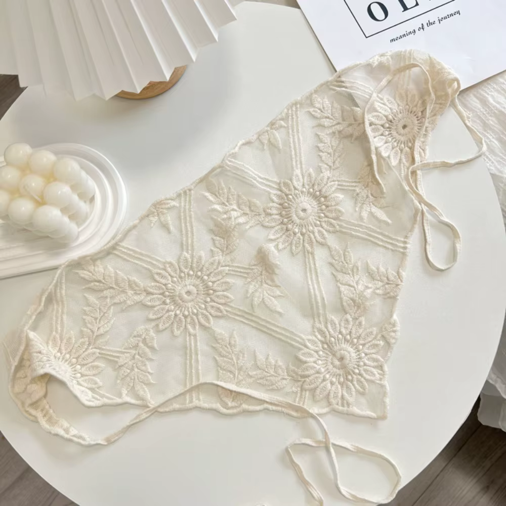 Mode évider dentelle écharpe triangulaire broderie Foulard Bandana français ferme Style Beige dentel