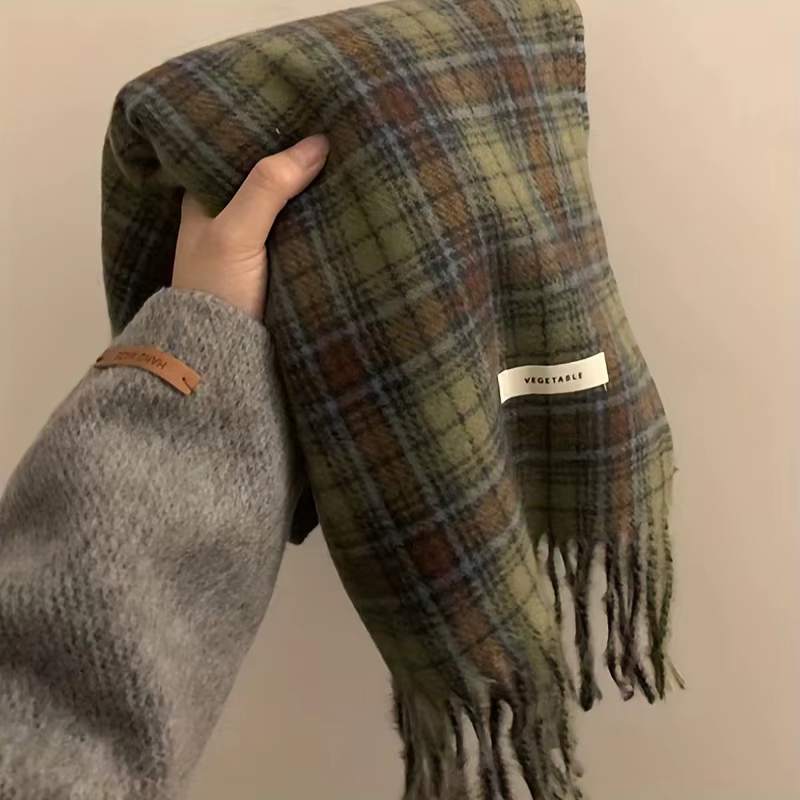 Vintage vert Plaid gland écharpe femmes Imitation cachemire épaissi chaleur automne hiver châle Wrap