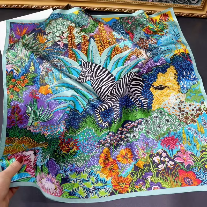 Foulard carré pour femme, véritable injchâle naturel, design zèbre dans la forêt, foulard de la prés
