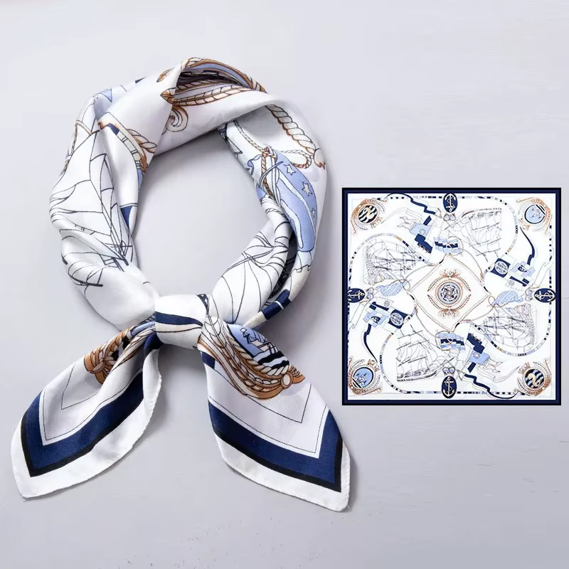 Foulard carré en satin de soie doux 53 cm, imprimé ancre de voilier nautique, écharpe de cou, attach