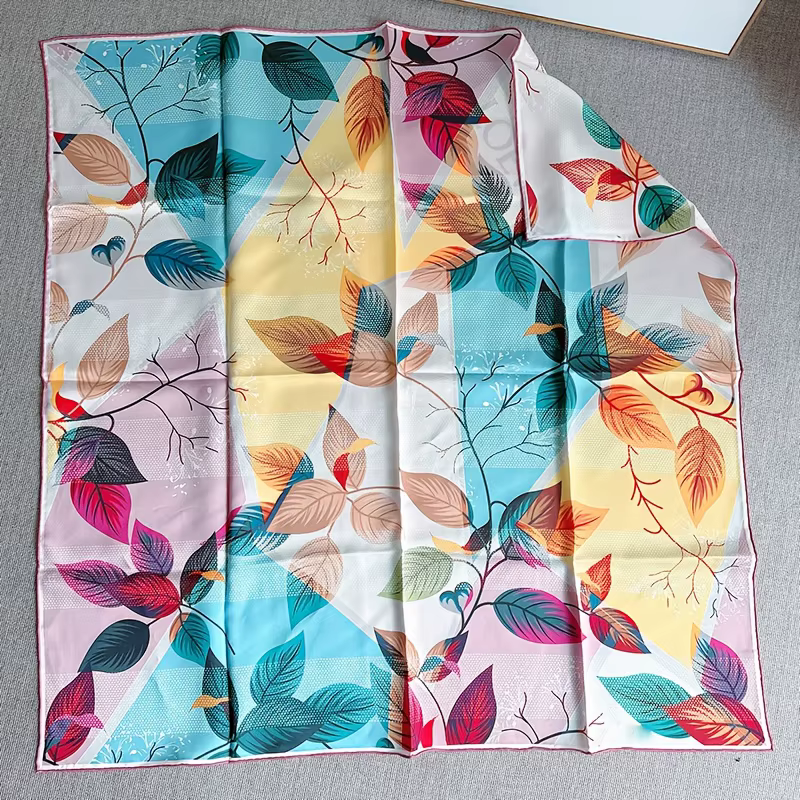 Foulard en soie imprimé végétal coloré, foulard 100% soie de mûrier, 35,43 pouces, design élégant et
