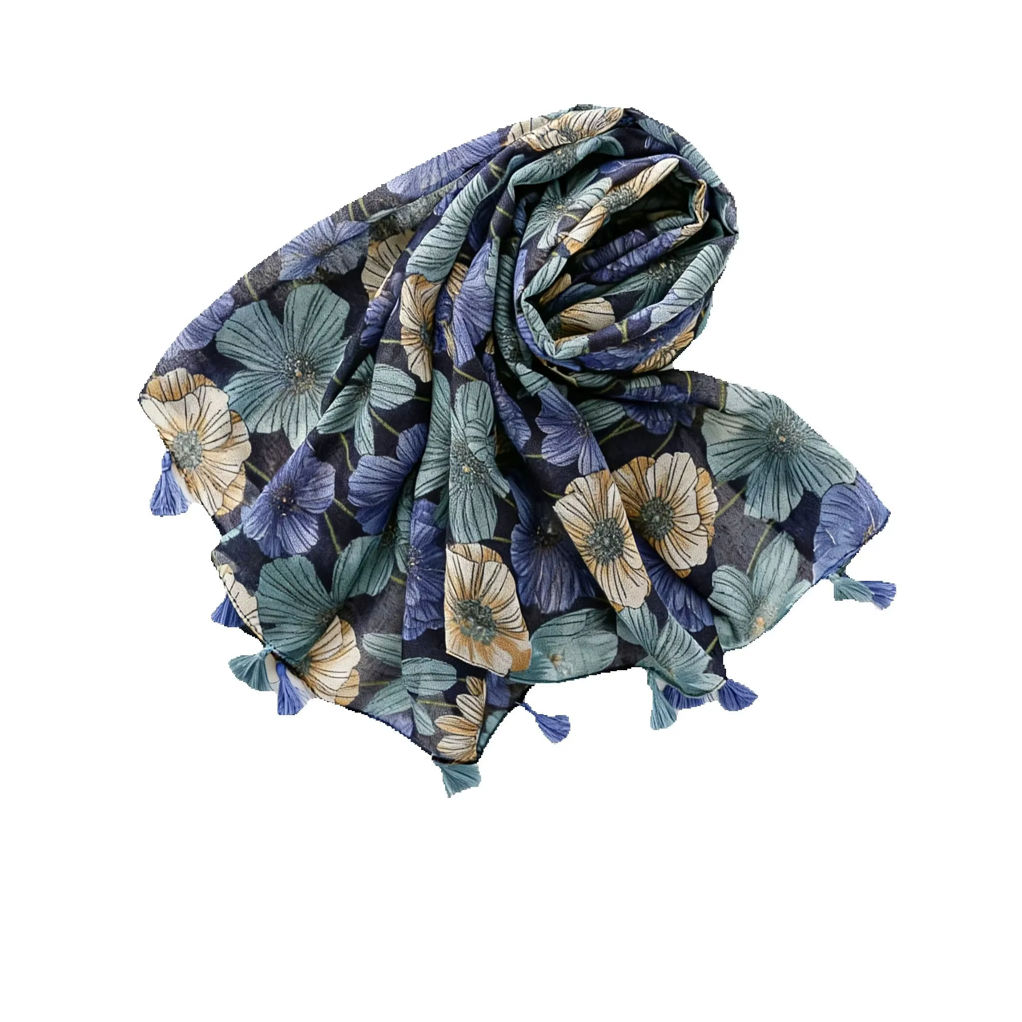 Écharpe florale bleu marine et beige pour femme, châle léger en polyester, écharpe à franges 180x85c