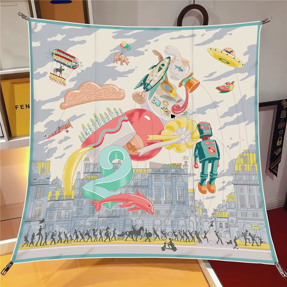 Foulard en soie sergé châle marque de luxe Fubao City Architecture Foulard carré femmes Hijabs Banda