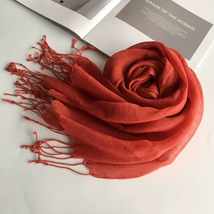 Écharpe longue en lin pur orange brûlé pour femme 2026 avec pompons, 100 % lin respirant, châle enve