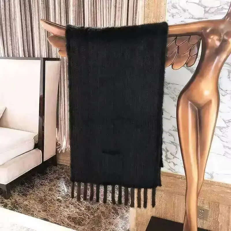 Écharpe longue et large d'hiver en vraie fourrure de vison, châle à franges pour femme, 100% fourrur