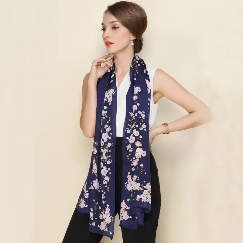 Écharpe Georgette en soie 100% naturelle pour femmes, châles de mariage de luxe imprimés Sakura, env