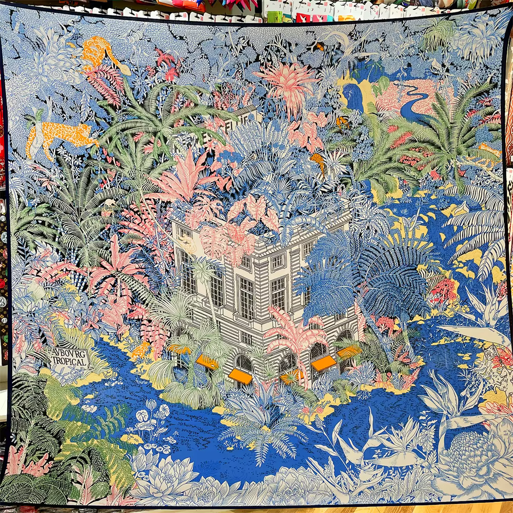 POBING foulard en cachemire de soie femmes châles roulés à la main imprimé forêt foulards carrés env