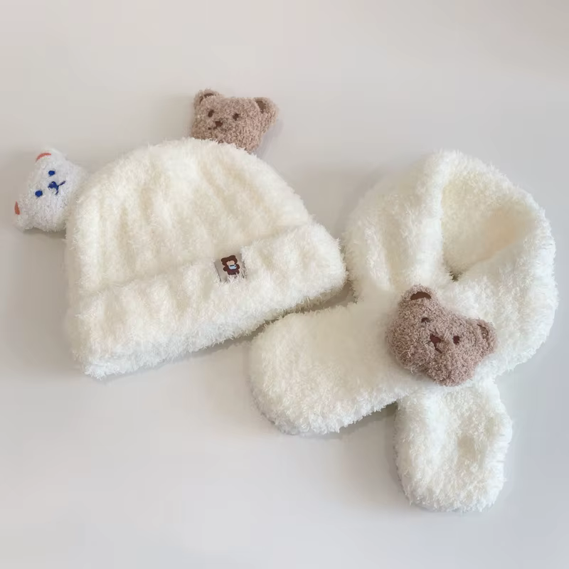 Chapeau et écharpe pour bébé, ensemble chaud d'hiver pour filles et garçons, ours de dessin animé, v