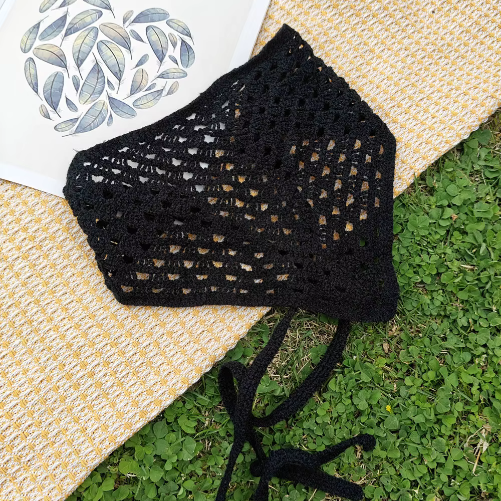 Foulard triangulaire vintage en crochet pour femme, bandeau ajouré tricoté, bandana bohème, écharpe