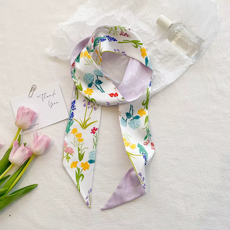 Écharpe décorative Rose longue bande Double face petit foulard en soie bandeau pour femme banderole