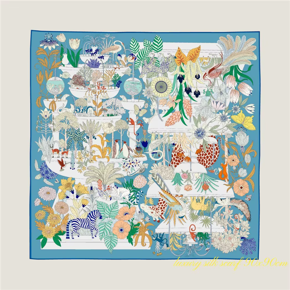 Grand Foulard Carré de Luxe à Bords Croisés pour Femme, Nouvelle Collection, Animal Paradis, Girafe,