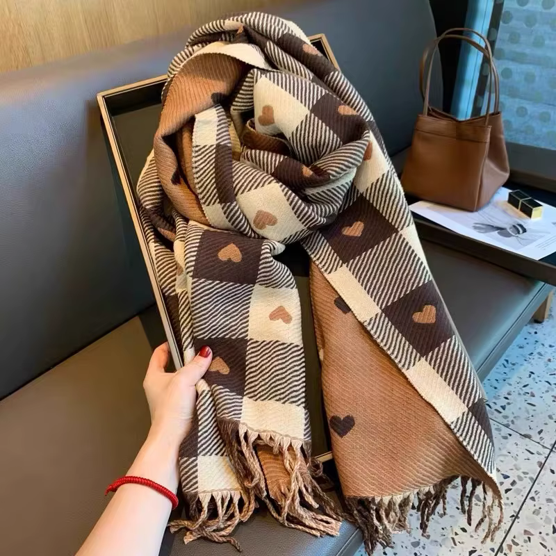 1 écharpe à motifs de cœur pour femmes, écharpe confortable à carreaux pour femmes, écharpe châle ép