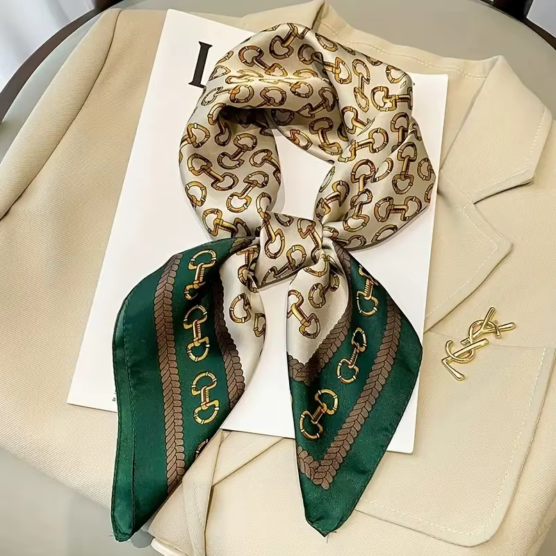 Un foulard carré classique avec un motif de boutons dorés, 27,5 pouces, en fibre 100% polyester, tis