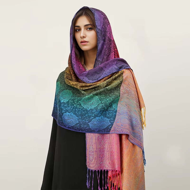 Couleurs arc-en-ciel hiver chaud épais Style ethnique Jacquard écharpe femmes voyage musulman Hijab 