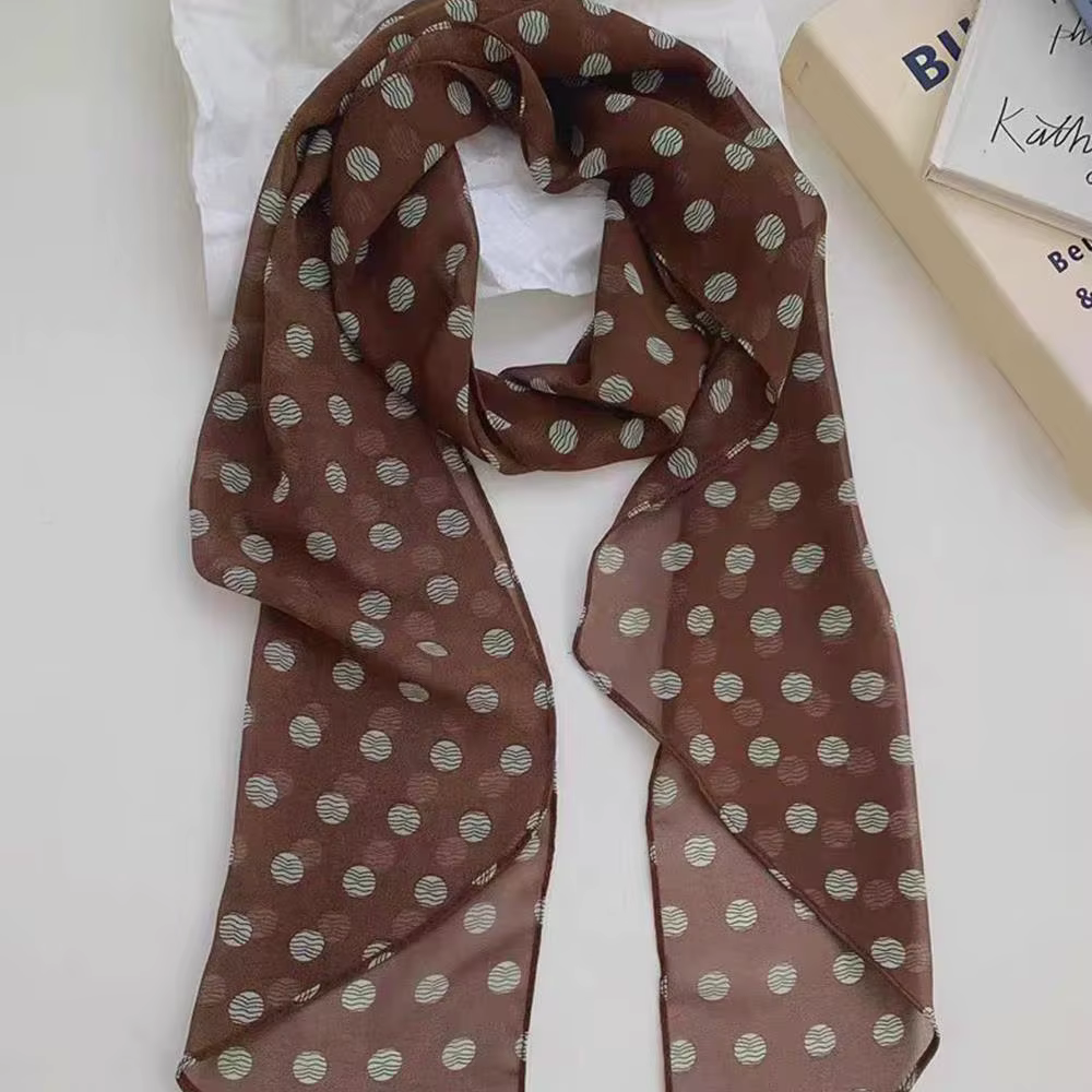 Ins marron à pois longue écharpe en soie printemps été polyvalent foulard sac rubans doux en moussel