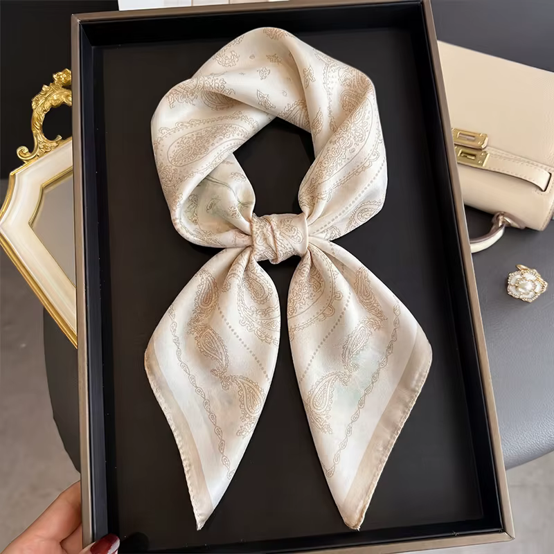 Foulard carré vintage beige à imprimé cachemire en satin de soie pour femme, idéal pour l'été, les t