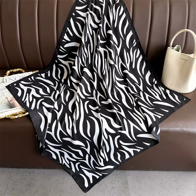 Foulard carré en soie à imprimé rayures zébrées 90*90cm pour femmes, foulards carrés, bandana, mode,