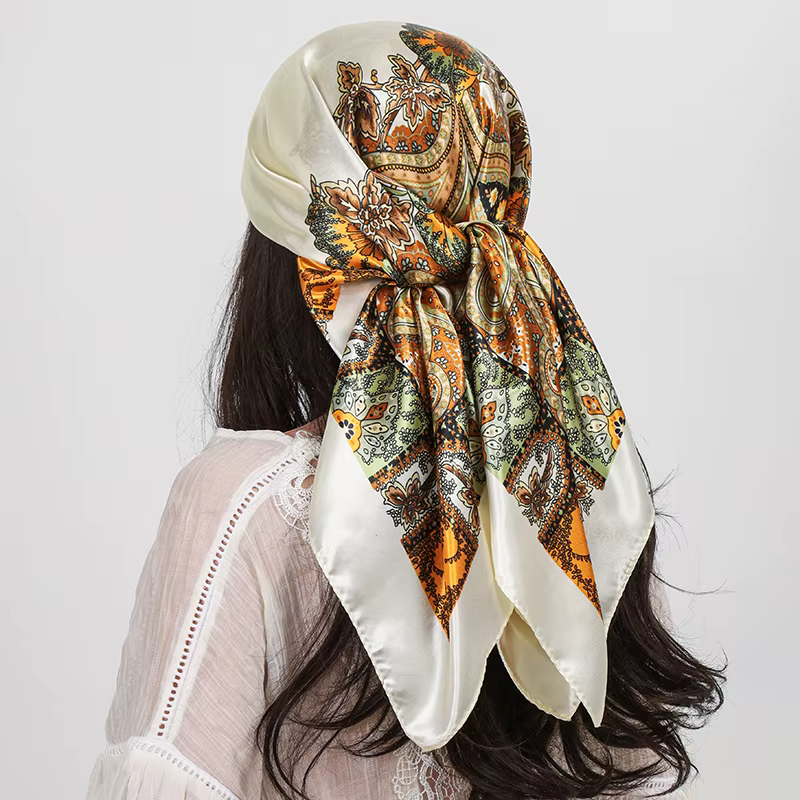 Foulard Carré en Soie de Luxe pour Femme 90x90cm, Imprimé Cachemire, Châle, Bandana en Satin, Hijab