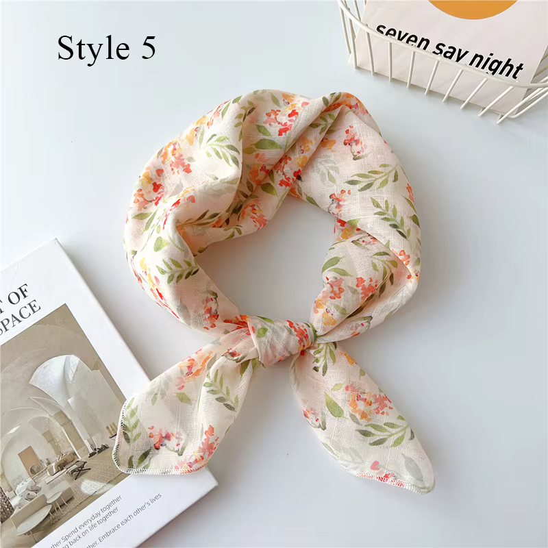 Foulard Carré en Coton et Lin pour Femme, Imprimé Floral, Hijab, Bandana, Protection Solaire