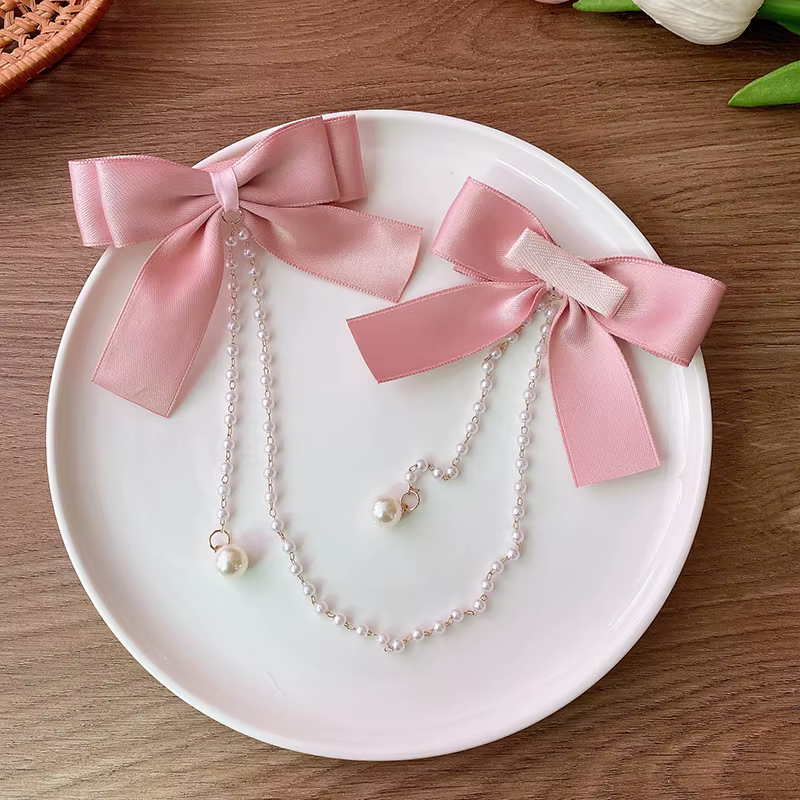 Pince à cheveux avec nœud en chaîne de perles roses, Style princesse doux, épingles à cheveux mignon