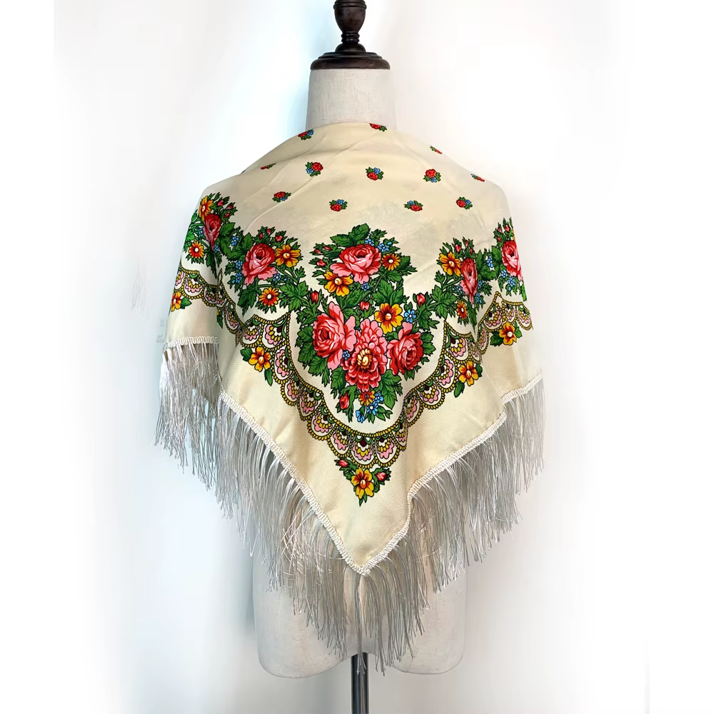 Foulard carré russe traditionnel pour femmes, imprimé Floral de luxe, Bandana à franges, châle, band