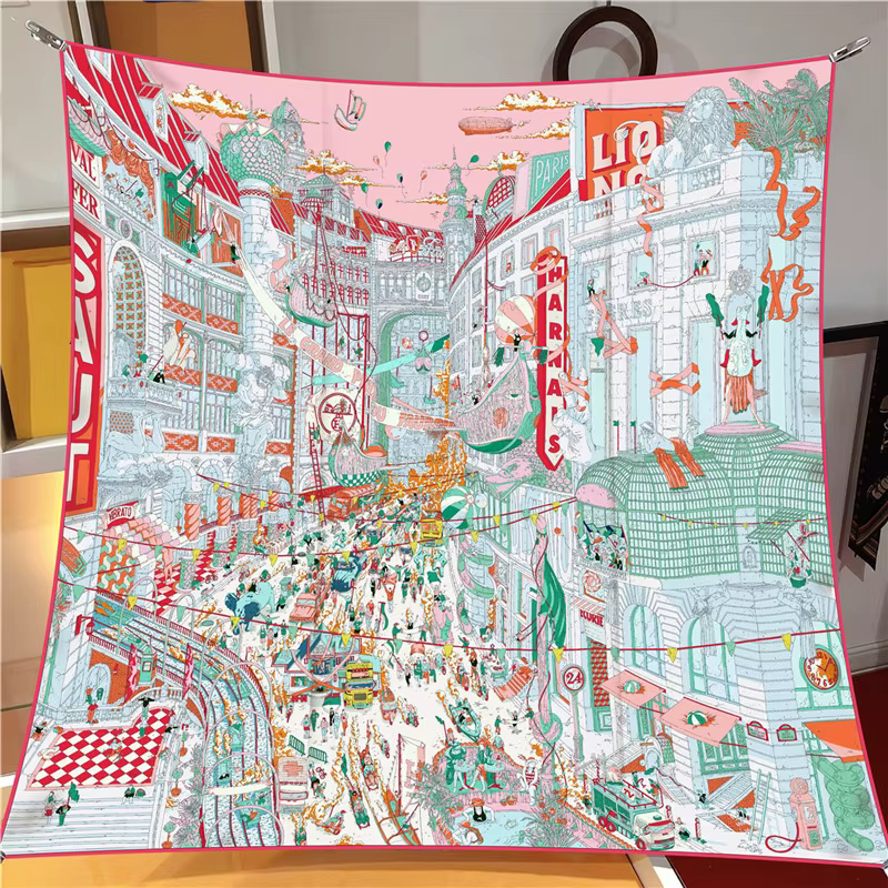 Foulard en soie sergé pour femmes, 90CM, mode décontractée, imprimé ville de Paris, bandeau, châle,